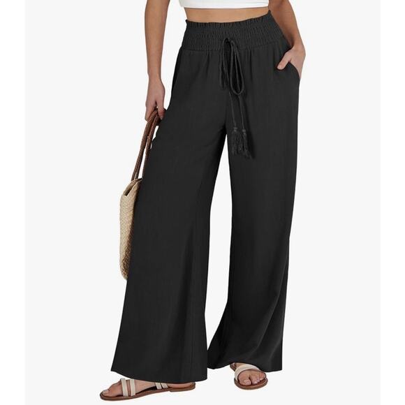 ANRABESS Women's Linen Pants Summer Casual Palazzo BeachPant Drawstring Size M - Picture 1 of 7